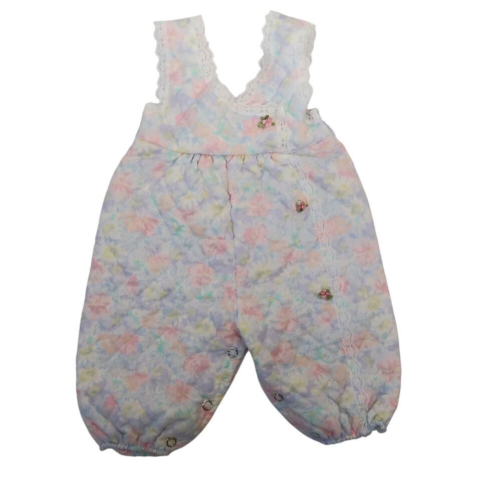 Vintage 80s Pastel Floral Quilted Baby Jumpsuit Overall 0-6 Month Girl